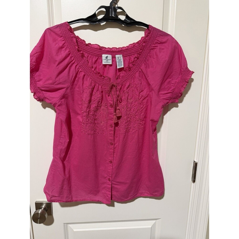 Caribbean Joe Women’s Large Hot Pink Embroidered Peasant Blouse Boho Cotton Top